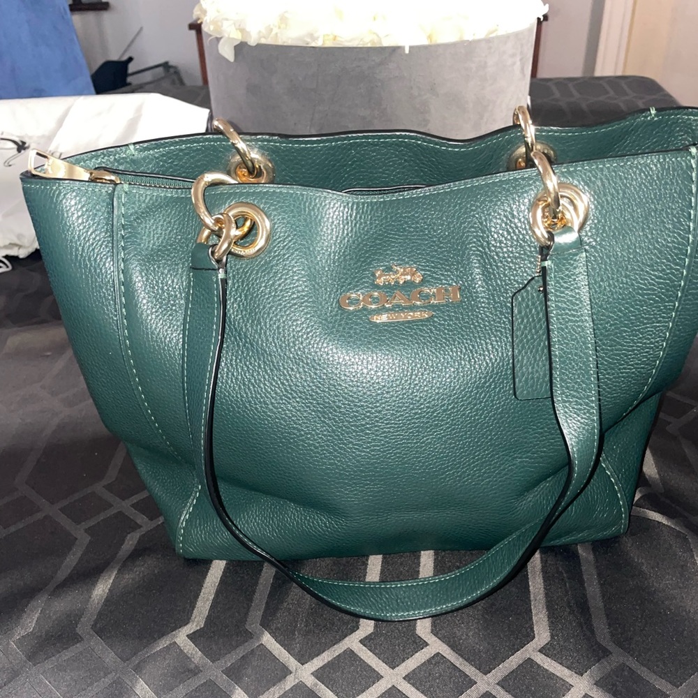 Coach hunter green leather tote